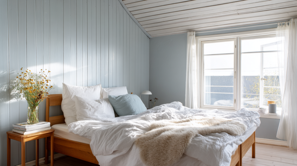Schlafzimmer in einer Ferienwohnung mit hellblauer Wandfarbe Borrowed Light und neutraler Einrichtung