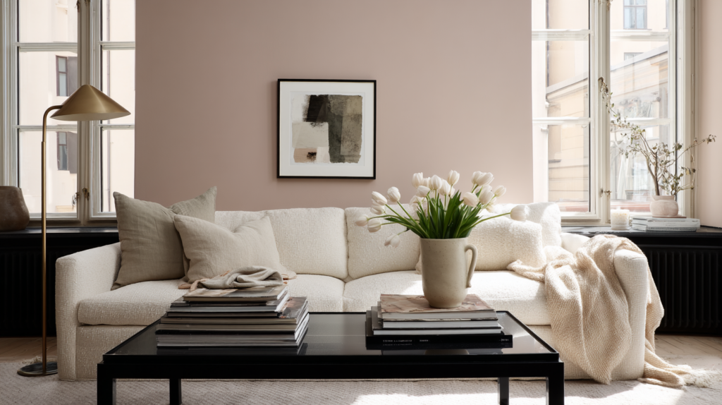 Wohnzimmer einer Ferienwohnung mit pastellrosa Wandfarbe Peignoir, Creme-Sofa und schwarzem Couchtisch