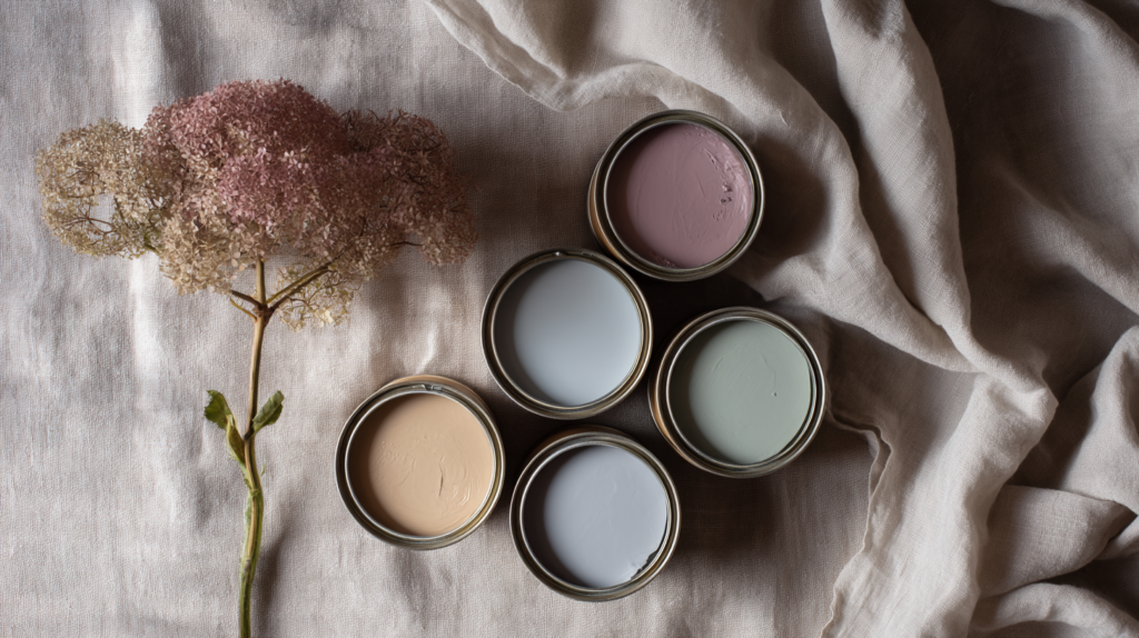 Farrow & Ball Pastell-Palette mit Peignoir, Borrowed Light, Skimming Stone, Pale Powder und Calluna für Ferienwohnungen