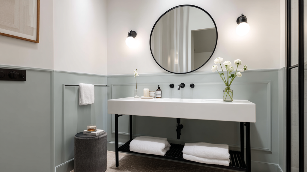 Modernes Badezimmer in einer Ferienwohnung mit pastelligem Salbeigrün, weißen Fliesen und schwarzen Armaturen