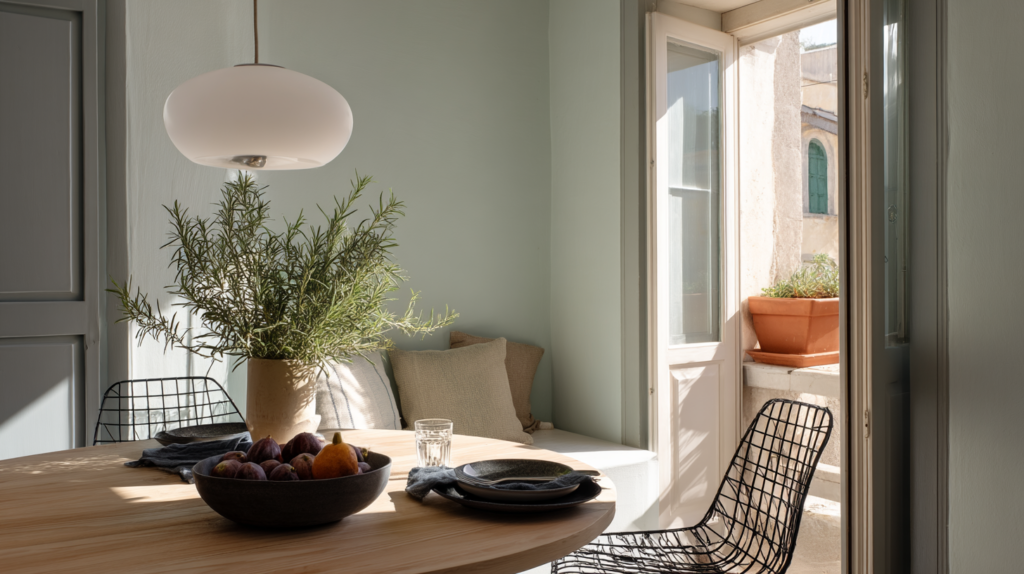 Frühstücksecke in einer Ferienwohnung mit hellblauer Wandfarbe Pale Powder, Holz und natürlichen Materialien