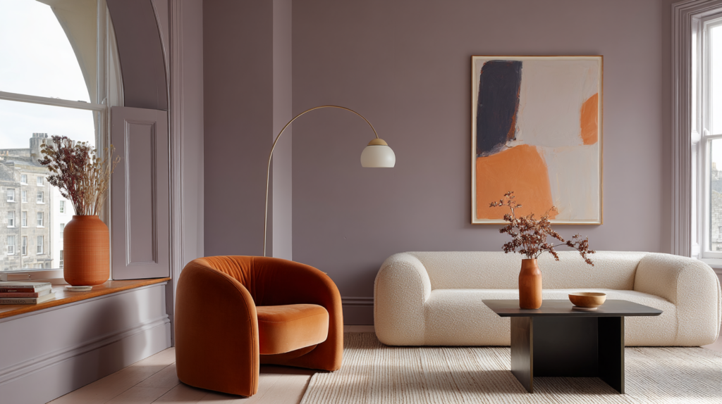 Modernes Wohnzimmer mit pastellfarbener Wand Calluna, orangefarbenem Sessel und schwarzen Akzenten als Farbfreunde
