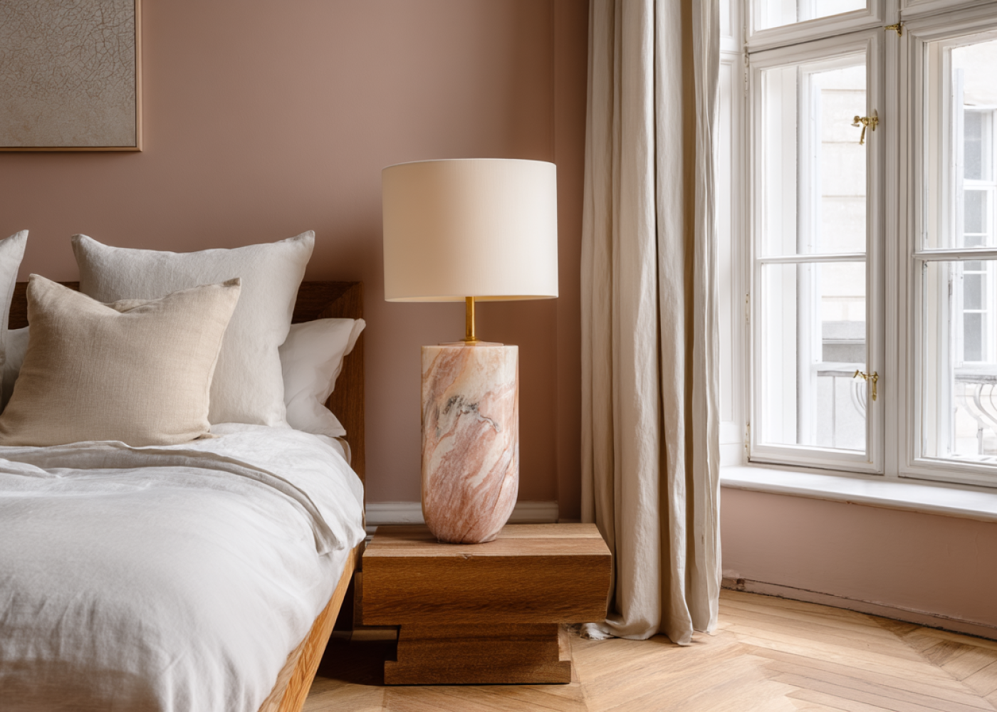 Schlafzimmer einer Ferienwohnung mit rosa Akzentwand in Sulking Room Pink, Leinenbettwäsche und warmem Licht